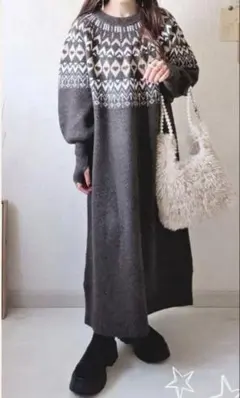 【しまむら】daaco 救心柄ニットワンピ　ブラウン　Lサイズ