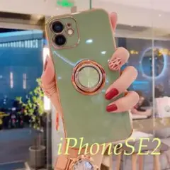 モスグリーンiPhoneSE2用 スマホケースリング付きカメラカバー一体黄緑