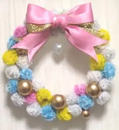 春色のモールフラワー ポンポンのハートリース シルバー かわいいだけの花シリーズ