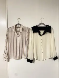 ストライプシフォンシャツ ツートンカラー シアーシャツ 長袖 2枚セット