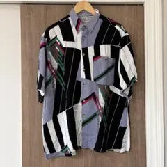 古着 柄シャツ 総柄 半袖シャツ レトロ 幾何学 ストライプ L-XL相当