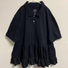 アメリカ古着リメイク ポロシャツ 黒ギャザーフリルXLチュニック