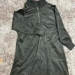 ブラック ハイネック ジッパー ロングワンピース、ベロア生地