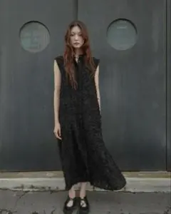 ZARA フリンジ付き ボリューム ミディ丈 ワンピース L ブラック