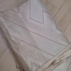 袋帯 幾何学模様 銀 ピンク 六通