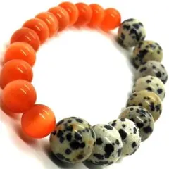 天然石ブレスレット☆ダルメシアンジャスパー10ミリ　オレンジキャッツアイ８ミリ