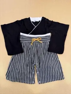 ベビー　着物風ロンパース　黒と白のストライプ 80