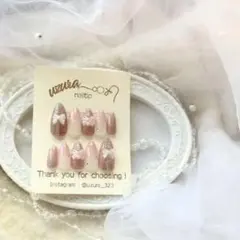 【オーダー可】ピンクラメ×リボンのガーリーデザインネイル　ハンドメイド