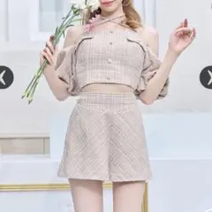 ミシェルマカロン ツイード オフショルダー セットアップ グリーン XS