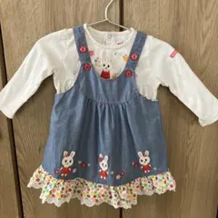 miki house ウサギ刺繍入り白Tシャツ、ワンピース のセット　80