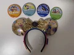 ディズニーアナハイム　70周年　ミニーマウス耳カチューシャとバッジセット