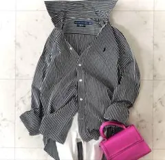 美品//ポロラルフローレン　コットンストライプシャツ　長袖　黒×白　ポニー刺繍