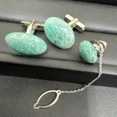 カフリンクスとラペルピンのセット Tバー式 シルバー エメラルドグリーン