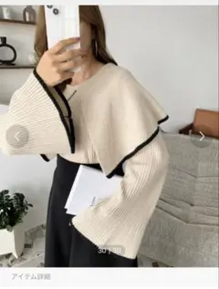 moment+ ライン配色ビッグカラーリブニットプルオーバー L ベージュ