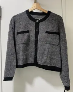 ヘリンボーンショート丈ニットカーディガン