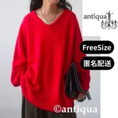 antiqua 天竺編みカラーニット 赤 Vネック ニット FREE レッド