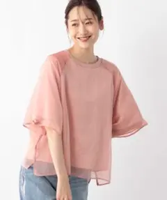 GLOBAL WORK シフォンドッキングプルオーバー7分袖【コーラルピンク】