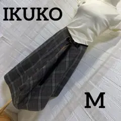 IKUKO 毛100% アシンメトリー　チェックロングスカート　ベルベットリボン