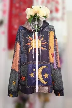 新品更にOFF❤美しい発色太陽と月のプリントカジュアルフードジャケット9109