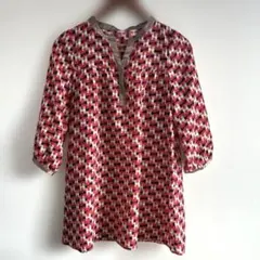 WORLD 幾何学模様の五分袖チュニック　ベルト付　Sサイズ