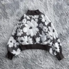 【FUN】花柄 シャギーニット ジャガード ハイネック セーター 短丈 リブ