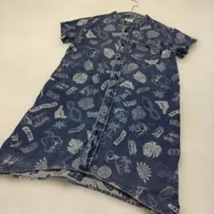 VANS デニム ハワイアン柄半袖ワンピース 胸ポケット付きMサイズ綿100%