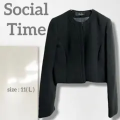 k1【ソーシャルタイム】ノーカラージャケット/美品 大きい フォーマル 黒 Ｌ
