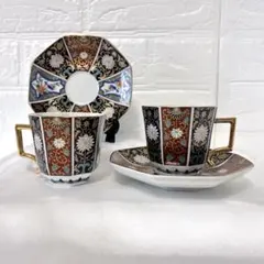 【美品】有田焼 清藍 2客セット 金彩 華紋 八角形 カップ＆ソーサー 伝統工芸