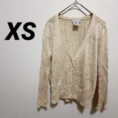 GEORGE 透かし編み ニットカーディガン XS 綿混 貝ボタン風 春夏