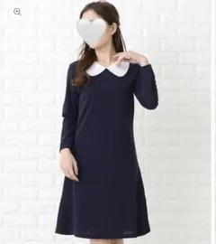 Lace Ladies 丸襟Aラインシンプルワンピース・ドレス ネイビー L