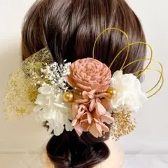 可愛い髪飾りドライフラワー桃 ヘッドパーツ 成人式 結婚式 前撮り卒業式 七五三