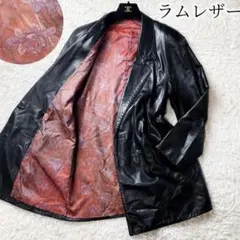 12 ラムレザー ダブルブレスト ロングコート ジャケット 裏地ペイズリー