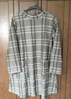 グレー系チェック Aラインチュニック 長袖
