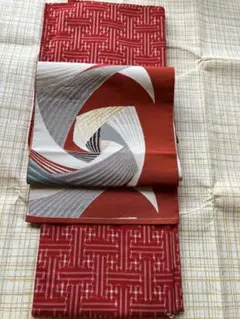 おまとめ品 名古屋帯 幾何学模様 赤白 赤ウール地の着物