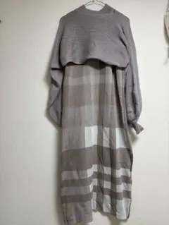 クロップド丈トップスXチェック柄ワンピースニットセットアップ　グレイル