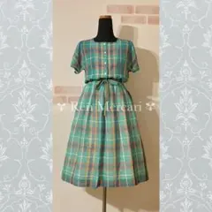 グリーン系 リボンベルト付 マドラスチェック柄スクエアネックワンピース