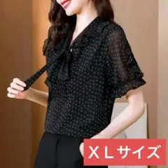 レディース英字ボウタイシャツ（ブラック/XLサイズ）春夏秋半袖シンプルトップス