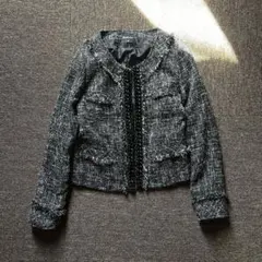 ノーカラージャケット フォーマル ツイード フリンジ 黒白 セレモニー 綺麗め