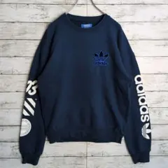 M adidas トレフォイルロゴ スウェット 袖プリント ネイビー メンズ古着