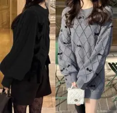 冬服まとめ売　リボン付きアーガイル柄グレーニット　前後2Wayケーブル編みニット