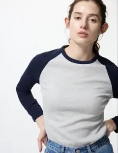 UNIQLO グレー/ネイビー ソフトリブT/長袖/ラグランMサイズ