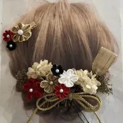 つまみ細工　髪飾り　前撮り成人式　卒業式　結婚式　振袖　赤黒金