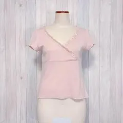 【MKKLEIN】半袖Tシャツ トップス カットソー カシュクールネック ピンクのサムネイル