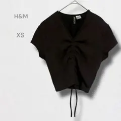 H&M Tシャツ 半袖 クロップド丈 リブ Vネック Tシャツ ブラック XS