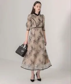 Leja 花柄リボンパフスリーブマーメイドフレアワンピースドレス　結婚式