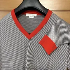 新品サイズS英国製JOHN SMEDLEY毛100%ボーダー織柄Vネックセーター