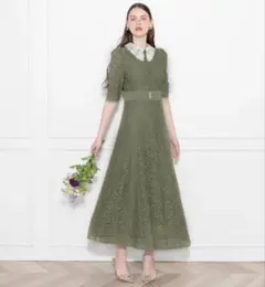 LEJA レースビッグカラー花柄刺繍ウエストマークロングフレアドレス