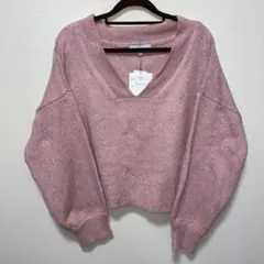 新品　ピンク Vネック ニット バルーンスリーブ　カジュアル　シンプル　LL