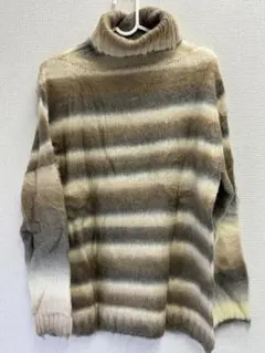 タートルネックニット Lサイズ ブラウン ボーダー 起毛 秋冬 レディース