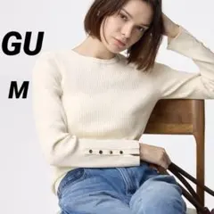 【GU ジーユー】 リブニットボタンスリーブプルオーバー オフホワイト M 秋冬